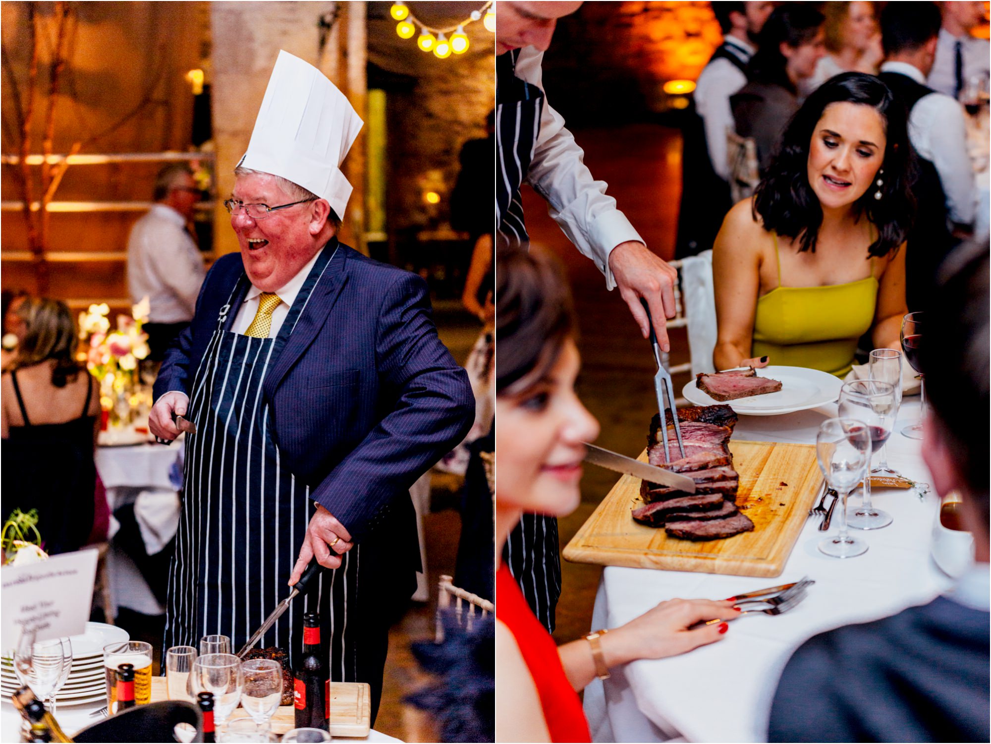 guests-slicing-meat-for-dinner-wedding