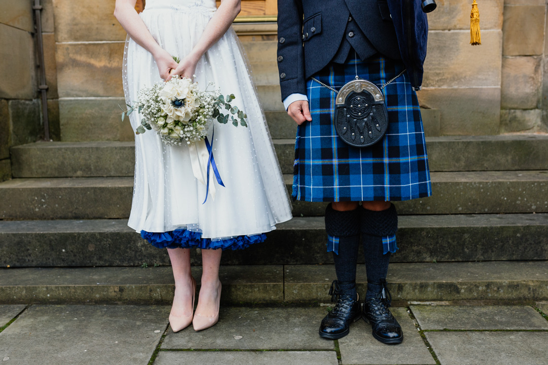 bride-tea-length-dress-blue-underskirt-kilt