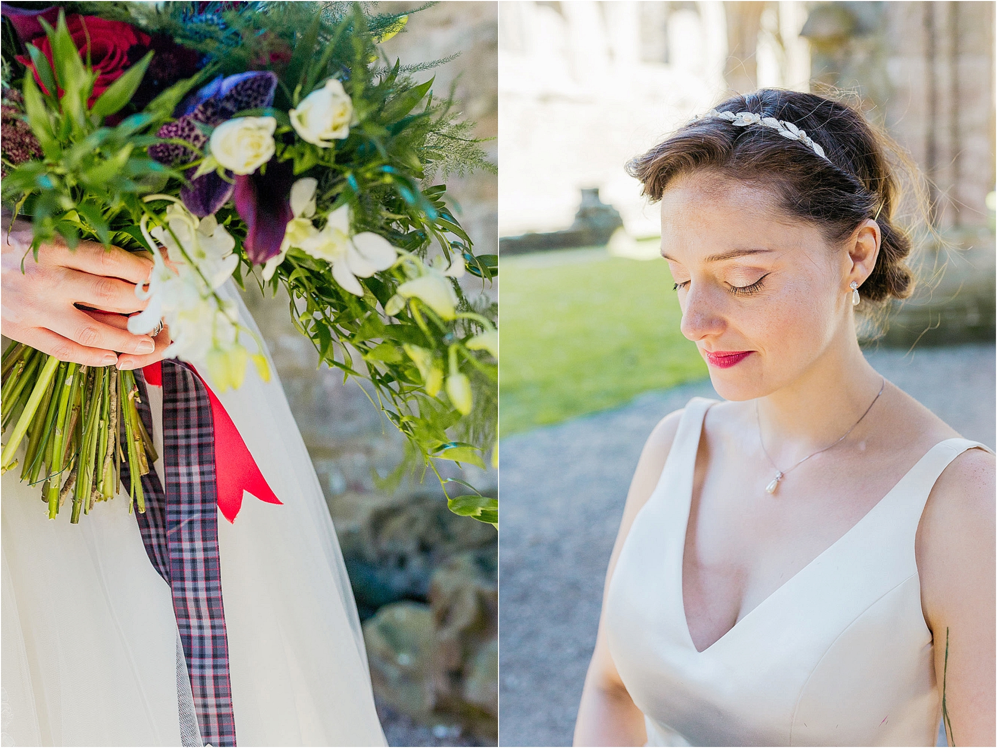 close-up-tartan-ribbon-bridal-portrait