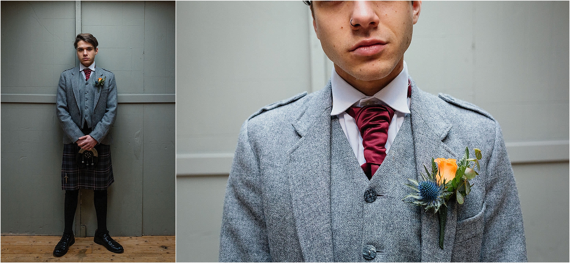 groom-wearing-kilt-grey-jacket-maroon-cravat-tie