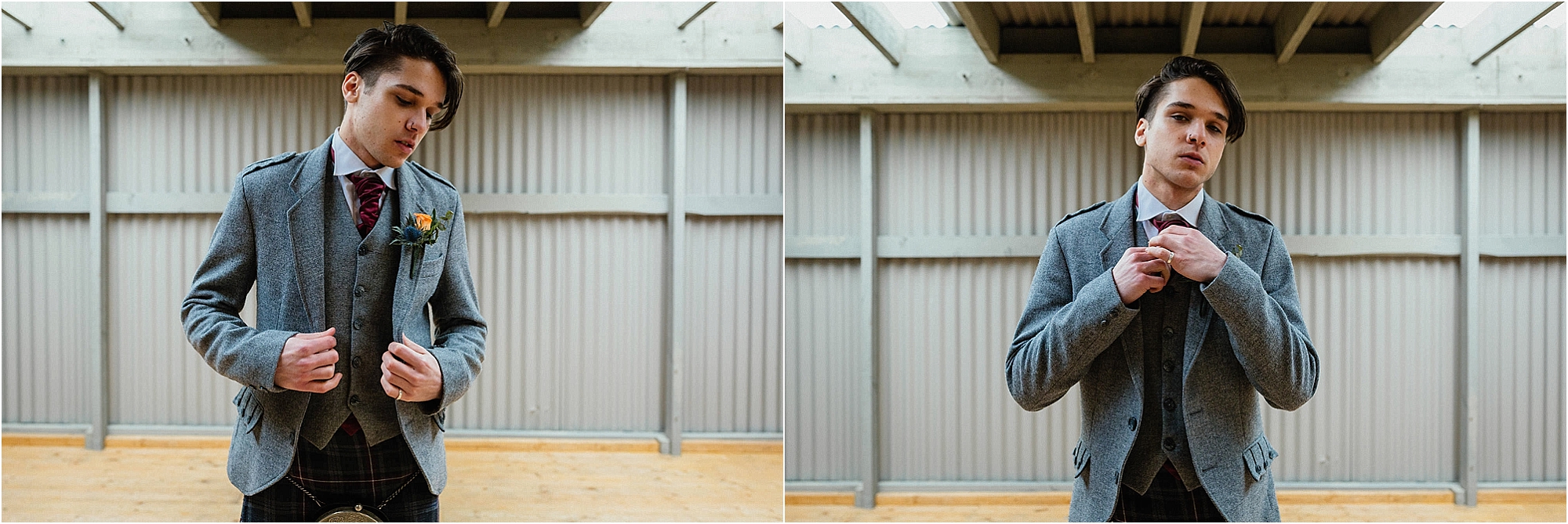 groom-putting-on-grey-kilt-jacket-adjusting-tie