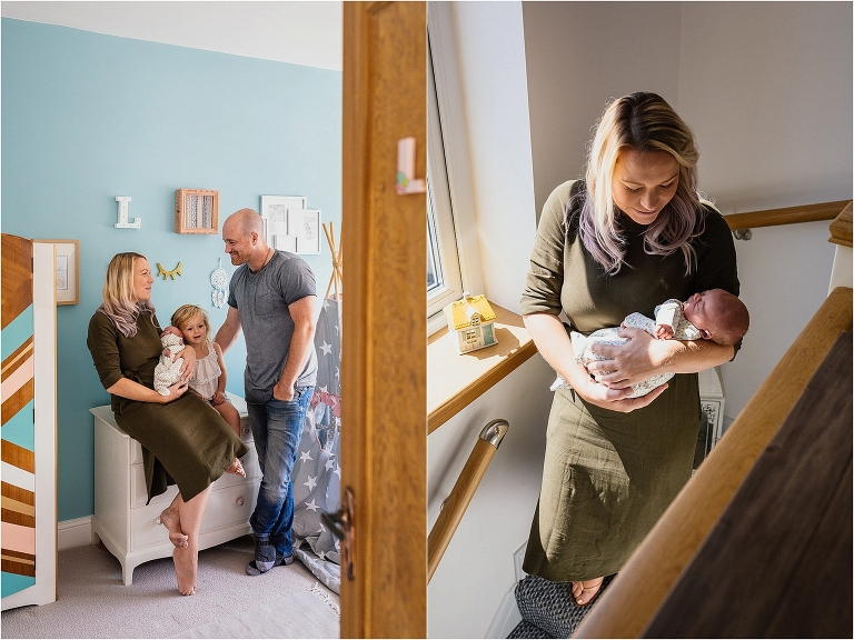 family-standing-in-daughters-room-pastel-colours-mum-walking-down-stairs-with-newborn