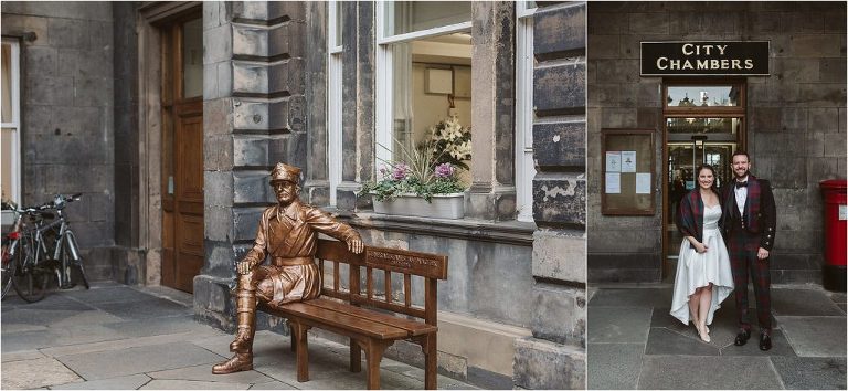 bronze-statue-of-man-sitting-on-bench-bride-and-groom-pose-for-photos