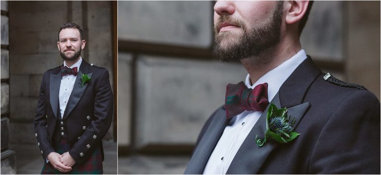 close-up-portrait-of-groom-wearing-tartan-bow-tie