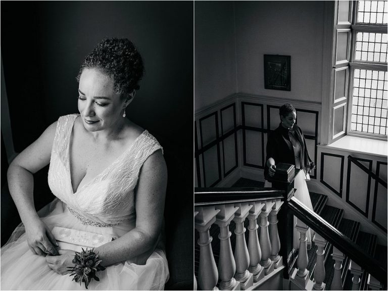black-and-white-image-of-bride-sittting-and-then-walking-down-stairs