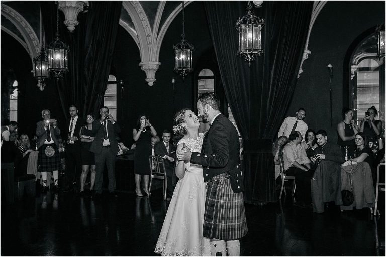 black-and-white-photo-of-bride-and-grooms-first-dance