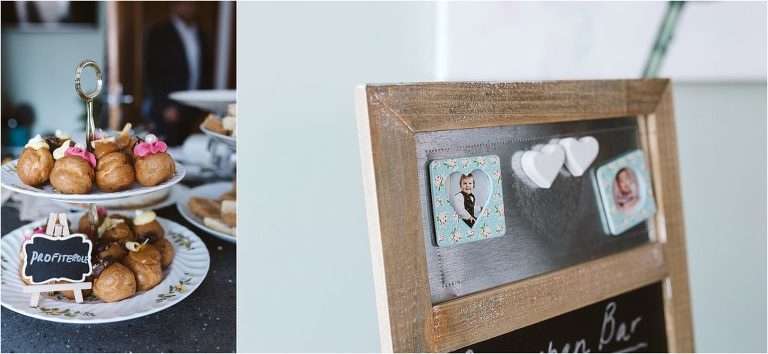 cake-tier-with-profiteroles-and magnet-with-child-photos-of-bride-and-groom