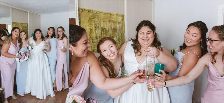 bride-and-bridesmaids-posing-for-photo-with-drinks