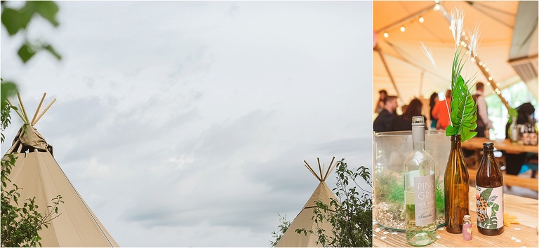 top-of-tipi-tents-through-trees-brown-glass-bottle-table-centrepiece