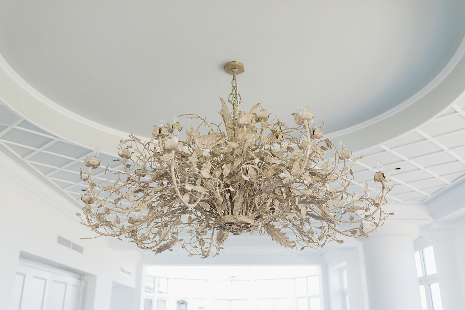 a large off white metal botanical chandelier is hanging from the ceiling of a conservatory.