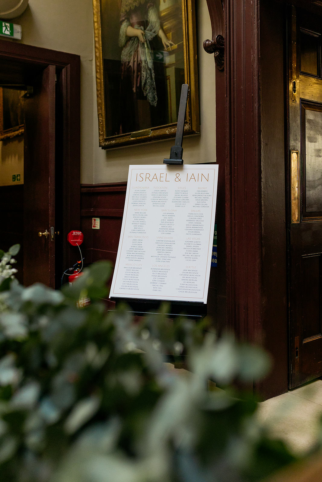 a seating chart is resting on an easel.